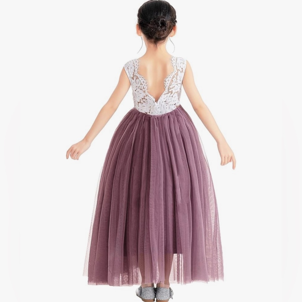 Purple/mauve and white lace and tulle girls long dress size 5